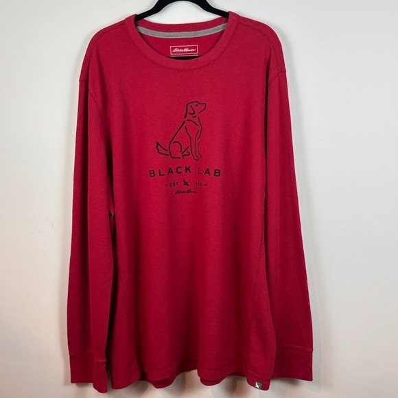 Eddie Bauer Mens Waffle Knit Red Thermal Long Sleeve Shirt T2XL Black Lab Print - Picture 1 of 8